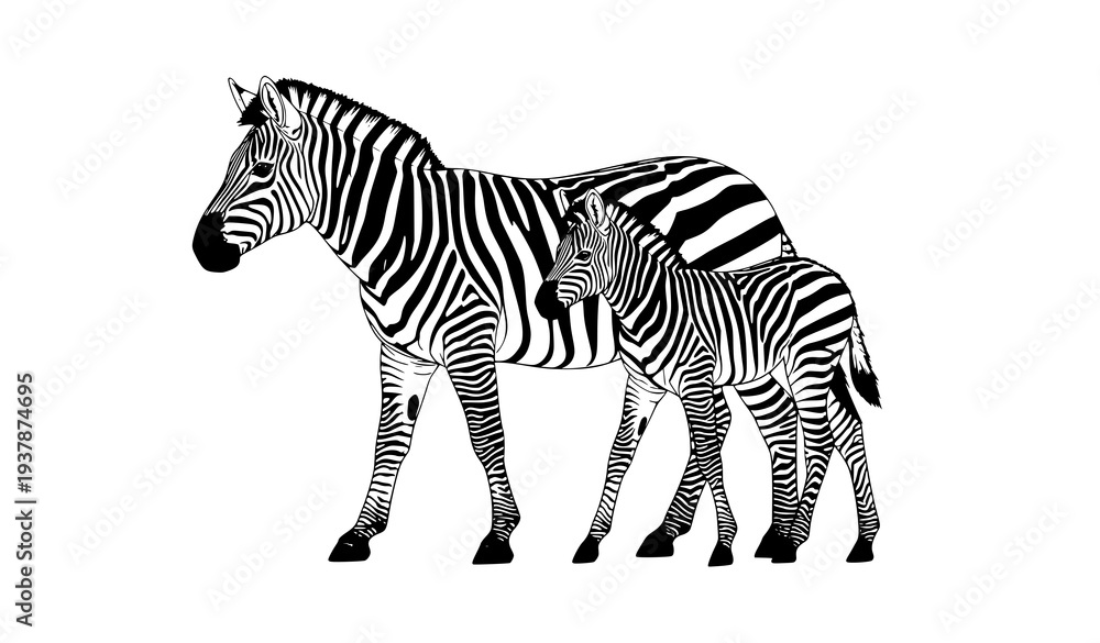 Fototapeta premium Realistic Zebra Family Vector Illustration Adult Zebra with Two Foals Walking Isolated on White Background
