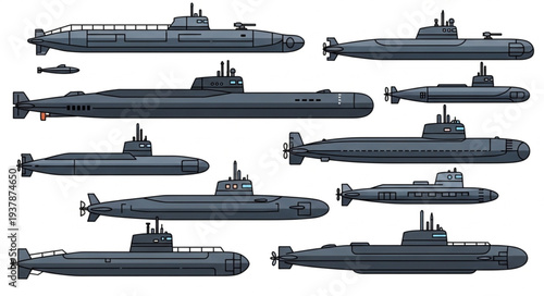 Collection of Various Submarines and Underwater Vessels.
