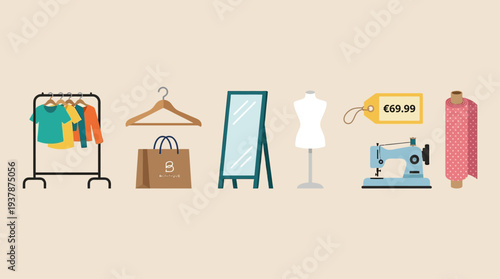 Boutique Fashion Icon Set – Storefront and Apparel Illustrations Featuring Clothing Rack, Hanger, Shopping Bag, Mirror, Mannequin, Price Tag, Sewing Machine, and Fabric Roll