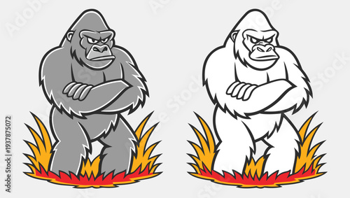 Vector illustration of Angry Gorilla with Crossed Arms and Fire - Strength and Aggression Mascot Vector