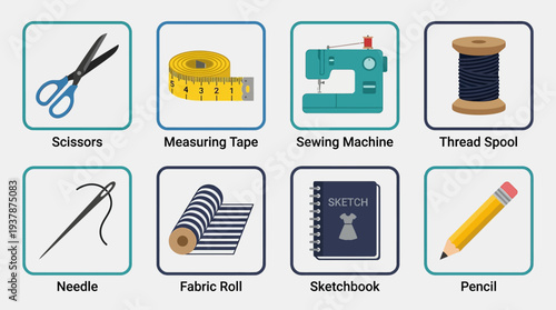 Sewing Tools Icon Set – Tailoring and Craft Illustrations Featuring Scissors, Measuring Tape, Sewing Machine, Thread Spool, Needle, Fabric Roll, Sketchbook, and Pencil