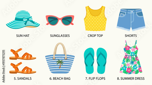 Summer Fashion Icon Set – Beachwear and Vacation Illustrations Featuring Sun Hat, Sunglasses, Crop Top, Shorts, Sandals, Beach Bag, Flip Flops, and Floral Dress