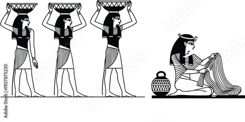 Ancient Egyptian women illustration, daily life artwork, cultural heritage design, traditional attire graphic, textile weaving symbol, basket carrying artwork, black white