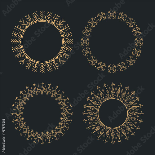 Seamless Circular Ornamental Round Set. Gold on Black Mandala Frames Collection