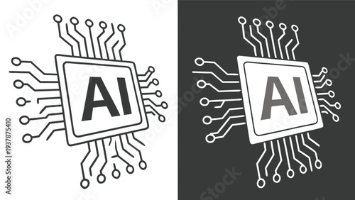 Vector illustration of AI Microchip Processor Icon with Circuit Board Lines for Artificial Intelligence Technology