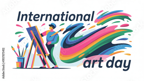 International art day illustration with painter at easel and colorful brushstrokes on white background