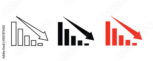 Business decline chart icon set. Down arrow graph loss and negative growth symbols. Outline solid red vector icons