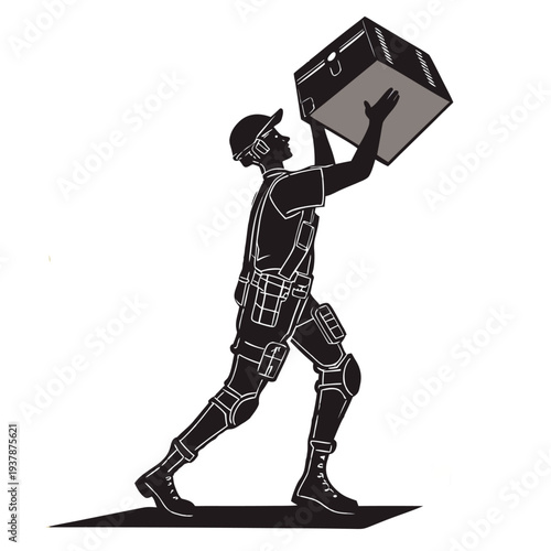 Modern Warehouse Worker Using Powered Exoskeleton Suit to Lift Heavy Box, Advanced Robotics for Logistics and Manufacturing, High Tech Industrial Automation, Future of Manual Labor Illustration