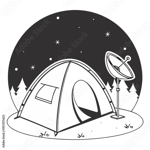 Modern Camping Tent with Satellite Dish Vector Illustration, Digital Nomad and Remote Work Concept, Outdoor Night Scene with Pine Trees and Starry Sky, High Tech Glamping and Travel Graphic