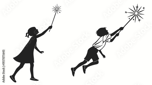 Vector illustration of Kids Holding Sparklers Silhouette - Celebrating with Magical Fireworks
