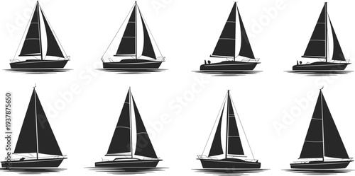 Sailboat yacht silhouette set, nautical vessel icons, marine transport flat vector illustration, maritime sailing boat ship collection, cad drawing design