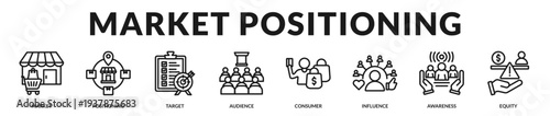 Market positioning banner delivering refined audience targeting and influential brand visibility systems in Lineal Icon Style