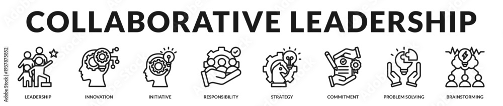 Fototapeta premium Collaborative leadership banner presenting forward thinking direction and empowered team performance in Lineal Icon Style