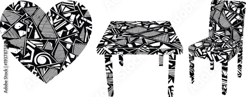 Technical Vector Sketch Collection Featuring Modern Sedan Car Front, Back, and Side Views with Roof Box, Plus Detailed Mountain and Road Bicycle Outline Illustrations.