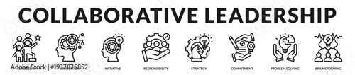 Collaborative leadership banner presenting forward thinking direction and empowered team performance in Lineal Icon Style