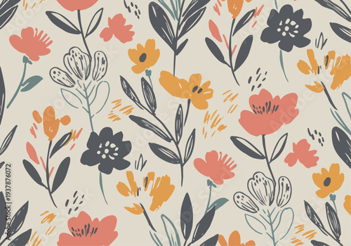 Nature-inspired pattern with a cheerful mix of flowers and leaves in soft, blended hues