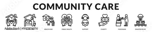 Community care banner highlighting compassionate services and inclusive welfare programs in Lineal Icon Style