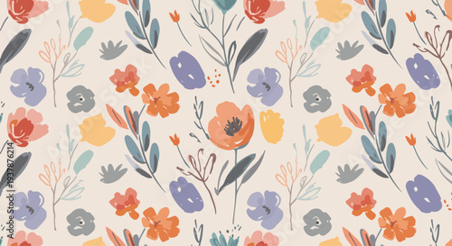 Minimal yet expressive botanical pattern with scattered flowers and leaves in a gentle visual rhythm
