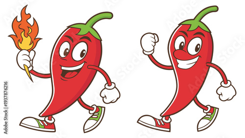 Vector illustration of Cartoon Chili Pepper Character Running with Torch and Walking
