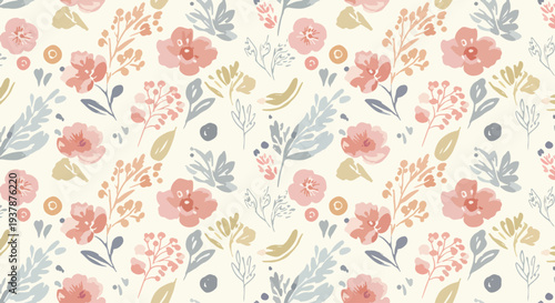 Bright floral pattern inspired by spring gardens with a mix of bold and subtle watercolor textures