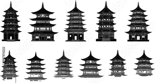Traditional Asian pagoda and temple vector silhouettes set featuring Japanese and Chinese multi tiered architecture for travel tourism culture and oriental spiritual design projects