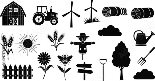 Traditional farm life vector silhouettes set featuring barn tractor windmill hay bales scarecrow wheat sunflower honey bee and gardening tools for rural landscape design
