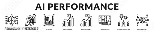AI performance banner showcasing scalable intelligence systems and precision optimized computational workflows in Lineal Icon Style