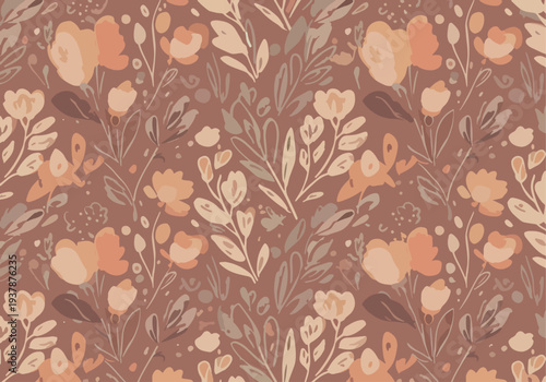 Whimsical garden-inspired design featuring colorful blooms and foliage scattered across a neutral background