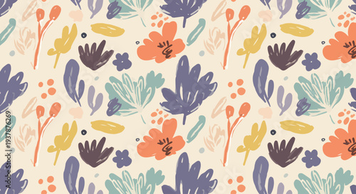 Nature-inspired pattern with hand-painted flowers and leaves arranged in an evenly spaced, decorative composition