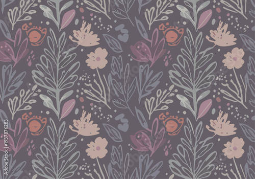 Seamless botanical pattern featuring small clusters of colorful flowers and leaves in a gentle, repeating design