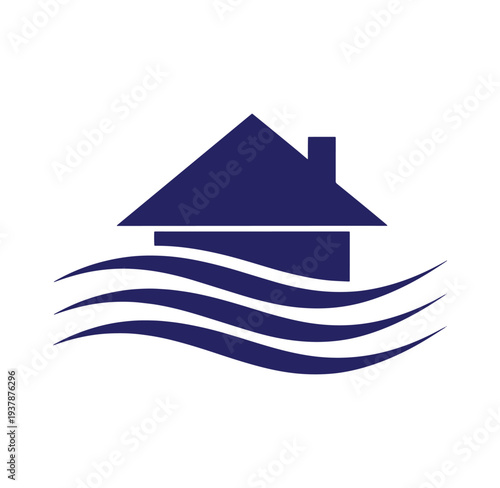 House partially submerged in wavy flood water  climate change concept