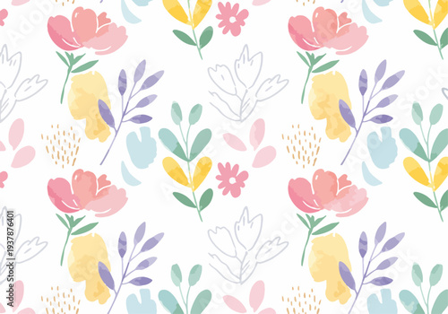 Scandinavian floral seamless vector background with pastel flowers, leaves and stems, decorative botanical pattern perfect for fabric and packaging.