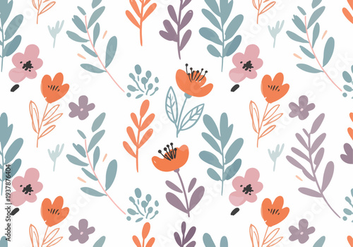 Modern pastel floral seamless vector pattern with Scandinavian inspired flowers and leaves, decorative botanical background for textile and wallpaper design.