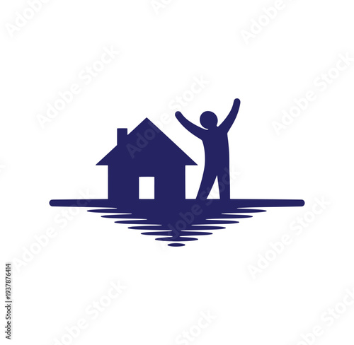 Man standing with arms raised beside a house in flood water  symbol of property damage