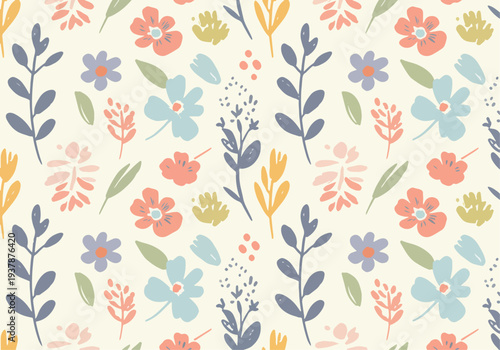 Scandinavian floral seamless vector background with pastel flowers, leaves and stems, decorative botanical pattern perfect for fabric and packaging.