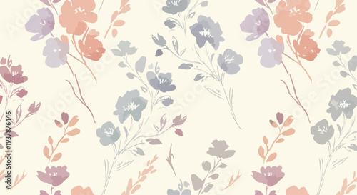 Modern pastel floral seamless vector pattern with Scandinavian inspired flowers and leaves, decorative botanical background for textile and wallpaper design.