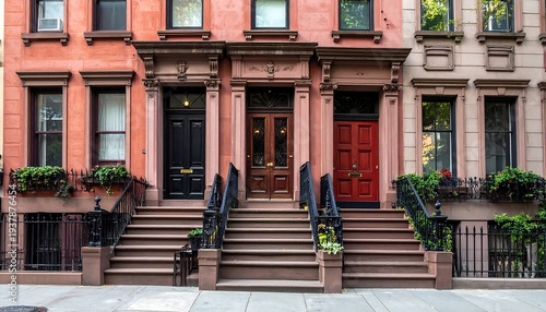 Row of three colorful brownstones with stoops and stairs in an urban neighborhood