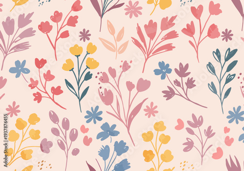 Pastel flowers and leaves seamless vector pattern with Scandinavian design, decorative botanical background for fabric prints and wrapping paper.