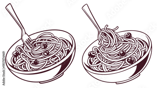 Vector illustration of Delicious Spaghetti with Olives and Fork, Hand-Drawn Style Vector