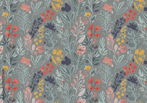 Charming pastel Scandinavian floral vector pattern with stylized flowers and leaves in seamless repeat for wallpaper and textile design.