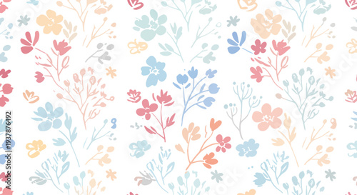 Scandinavian floral seamless vector pattern with pastel flowers and leafy stems, decorative botanical background for wallpaper and packaging design.
