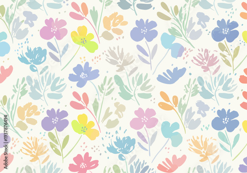 Minimal pastel botanical vector pattern with stylized flowers and leaves, Scandinavian decorative seamless background for fabric and wallpaper design.