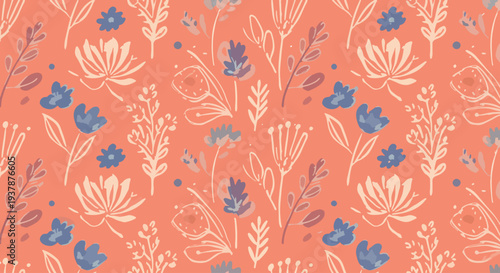 Minimal pastel botanical vector pattern with flowers and leaves in Scandinavian style arranged in seamless decorative background for textile and packaging.