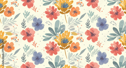 Pastel botanical seamless vector background with stylized Scandinavian flowers and leaves, decorative floral pattern for wallpaper, textiles and stationery.