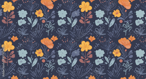 Pastel botanical seamless vector background with stylized Scandinavian flowers and leaves, decorative floral pattern for wallpaper, textiles and stationery.