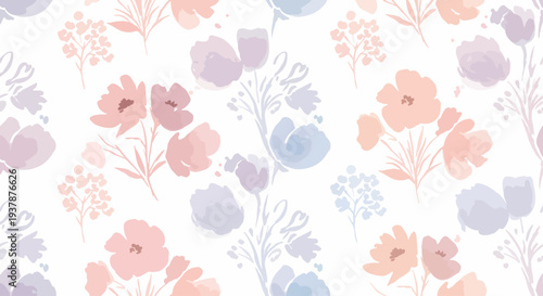 Scandinavian inspired pastel floral seamless pattern with simple flowers and leaves, decorative botanical vector background for fabric and packaging.