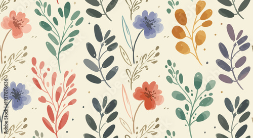 Decorative pastel botanical seamless vector pattern with Scandinavian flowers and leaves, charming floral background for textile printing and wallpaper design.