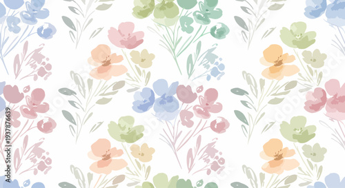 Pastel floral vector pattern with Scandinavian style flowers and leafy branches arranged in seamless repeat for wallpaper, fabric and wrapping paper.
