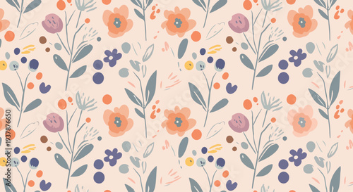 Scandinavian pastel botanical seamless pattern with stylized flowers and leaves, decorative vector background for nursery decor, wallpaper and textile printing.