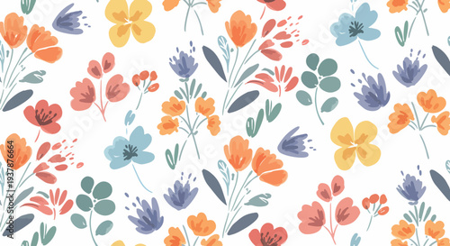 Minimal floral seamless vector pattern with pastel Scandinavian flowers and leaves, decorative botanical background ideal for textile and packaging design.